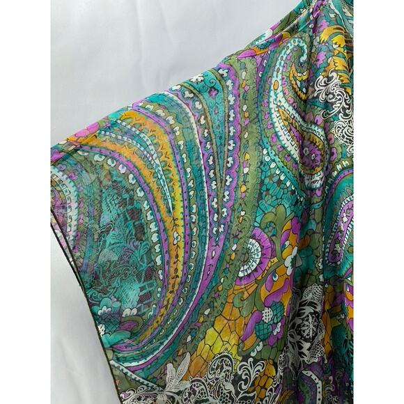 MANDEE Women's Green Sheer Printed Straight-Neck Cutout Shoulder Top SZ S - Picture 4 of 8